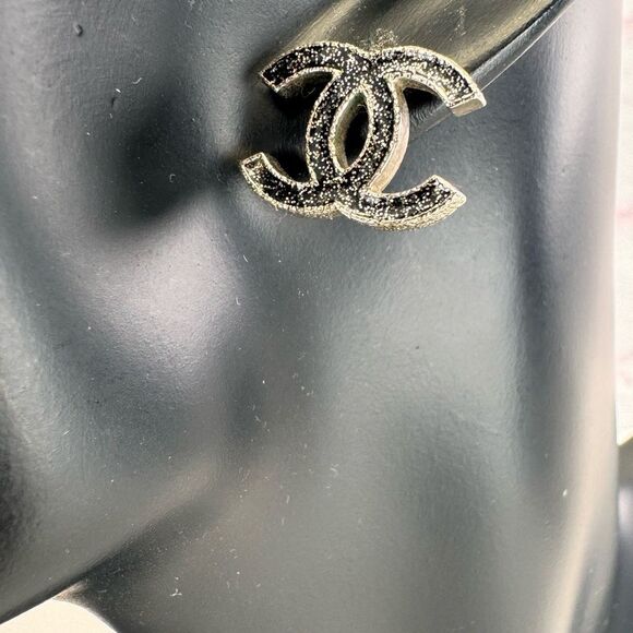 Chanel CC Enamel Glitter Silver Tone Stud Earrings - Picture 2 of 10